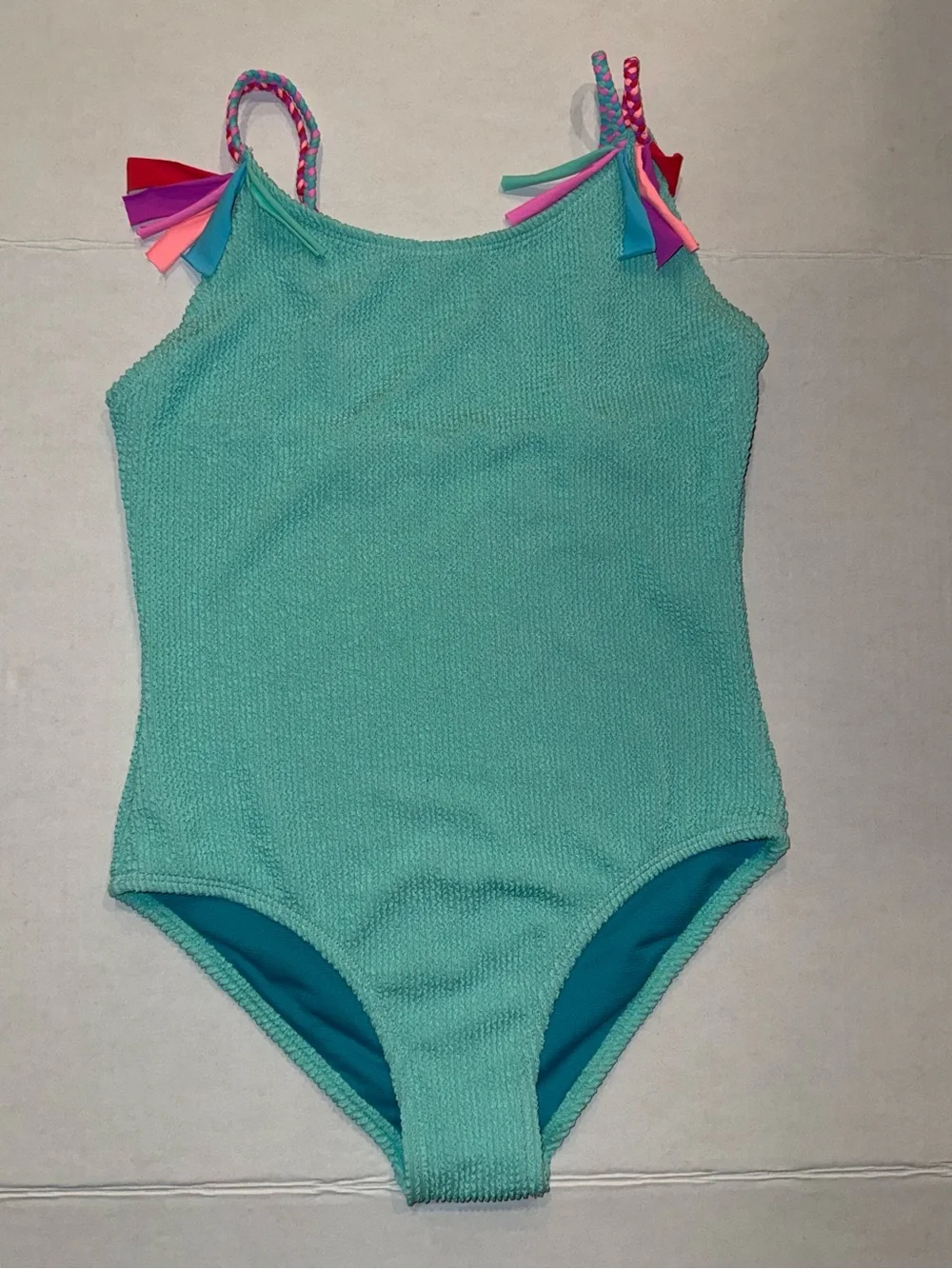 Girls Aqua One-Piece Swimsuit with Braided Multicolor Straps